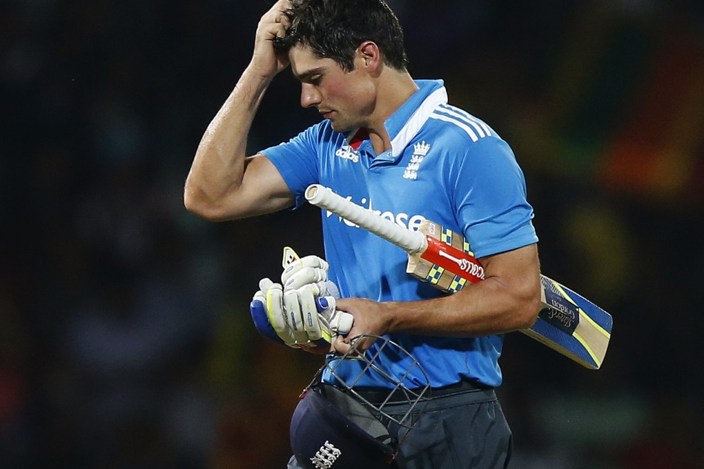 England captain Alastair Cook walks off after losing his wicket against Sri Lanka. Photo: Reuters