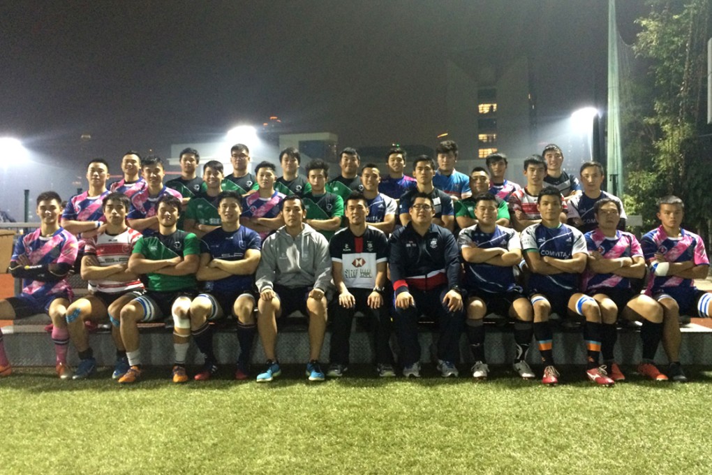 Players from the “Hong Kong Champions” squad get psyched up before their departure on a two-match tour to Shandong. Photo: HKRFU