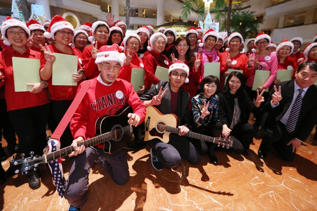 Front row, from second-left: music therapist Chung King-man; MCC's Helen Lui and Sabina Fung; the hotel's William Mok.Photo: Nora Tam