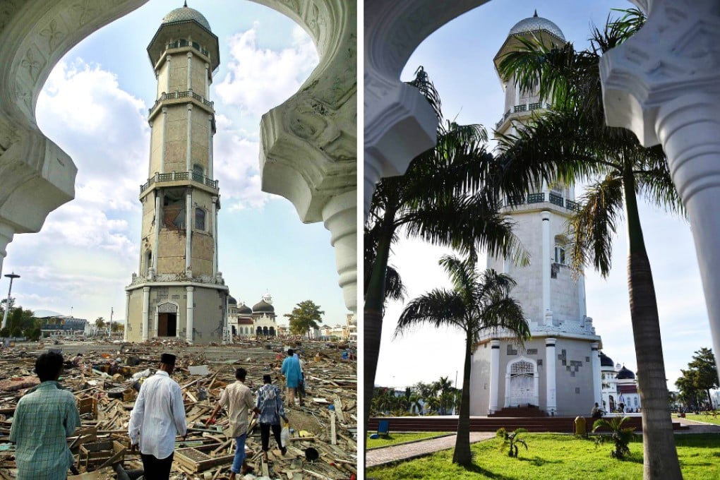 The grounds of Banda Aceh's Baiturrahaman mosque were strewn with debris 10 years ago, but a massive international effort cleaned it up, with some trash used to build roads. Photos: AFP