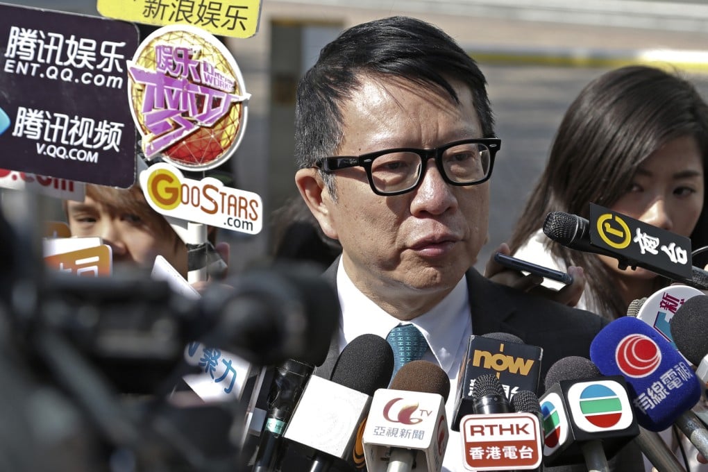 Ip Ka-po, ATV's executive director, speaks to the press outside ATV office in Tai Po on December 22, 2014. Photo: SCMP Pictures