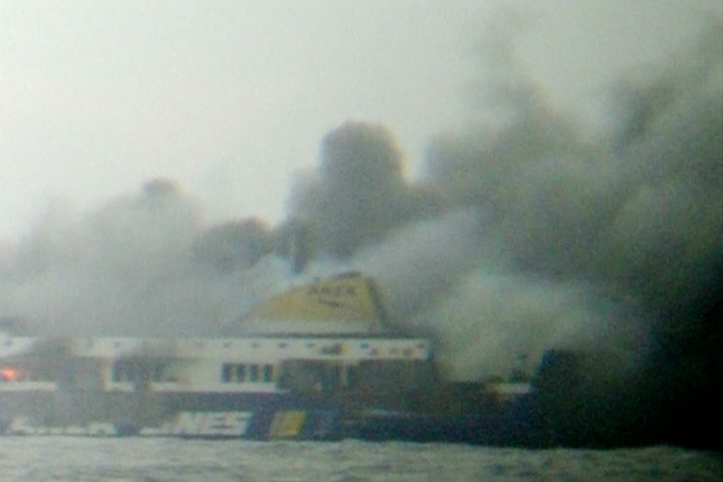 The Greek coastguard said 150 people had been saved from the Italian-registered Norman Atlantic, pictured here on fire. Photo: Reuters