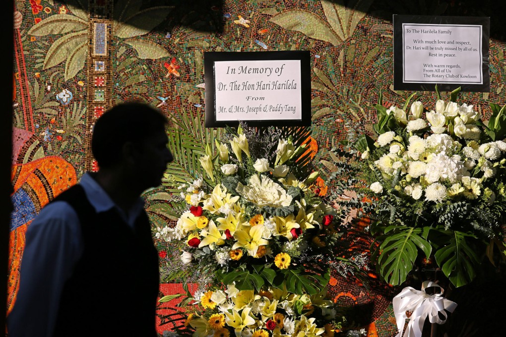 Floral tributes from the public at the Kowloon Tong mansion Hari Harilela shared with his extended family. Photo: Nora Tam