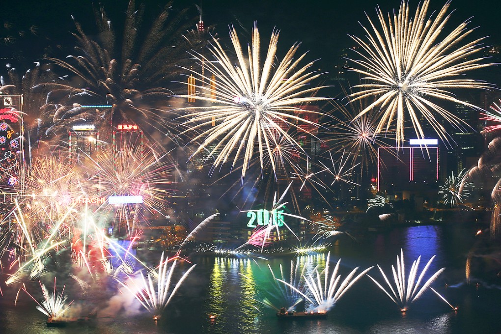 Fireworks over Victoria Harbour to mark the start of 2015 in Hong Kong. Photo: Nora Tam