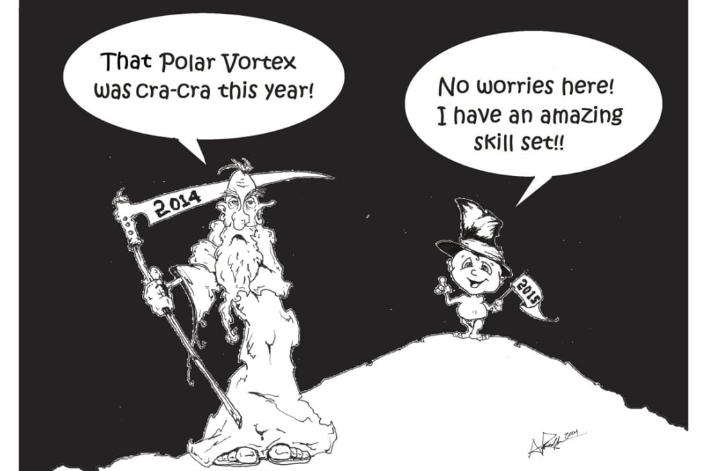 LSSU cartoonist and central supply clerk Adam Raffaele's take on "out with the old words and in with the new."