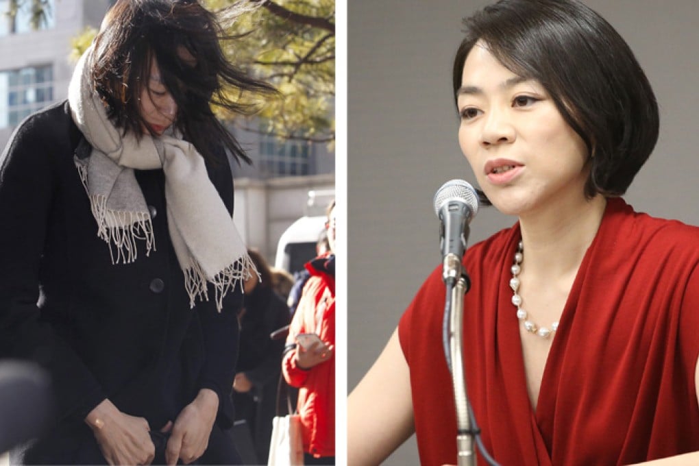 Fall from grace: Cho Hyun-ah (left) faces the press and public and bows in apology; pictured in less turbulent times as the airline's executive vice-president. Photos: AFP, EPA