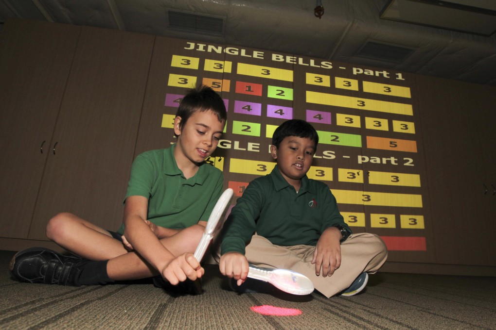 Harvey (left) and Paolo play in the music room as part of a special needs student programme at the Sarah Roe School. Photo: Bruce Yan
