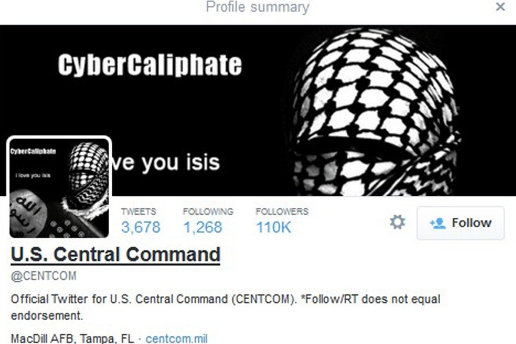 The Central Command Twitter feed was hacked. Photo: Reuters