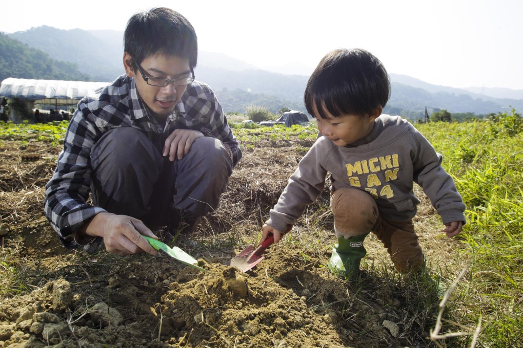 James Lam shows youngster Javas Lo Ho-yin some farming fundamentals in Tse Uk Tsuen. Photo: Dickson Lee