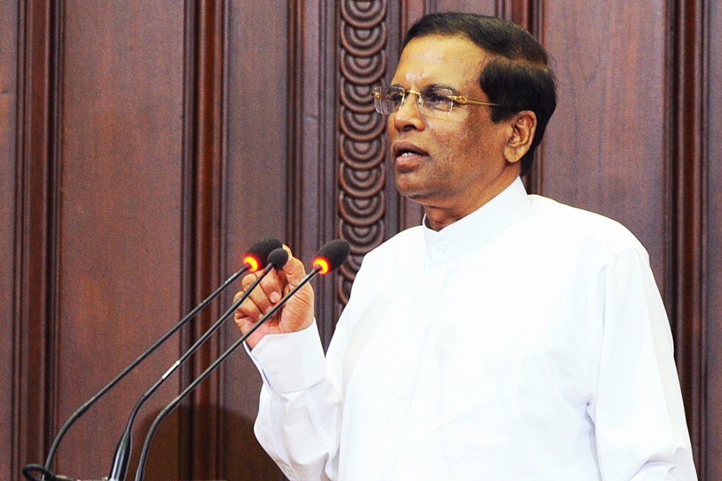 Sri Lanka's newly-elected President Maithripala Sirisena speaks after swearing-in of the new Cabinet. Photo: Xinhua