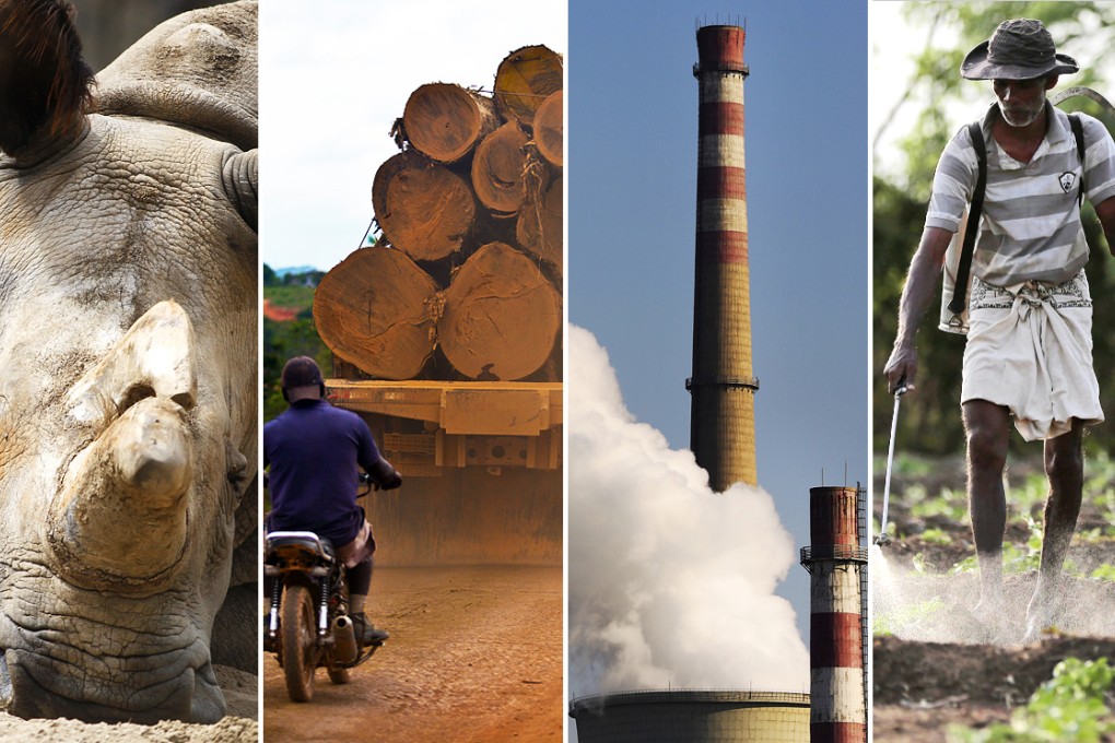 The paper contends that we have already crossed four "planetary boundaries". They include (from left) the extinction rate; deforestation; the level of carbon dioxide in the atmosphere; and the flow of nitrogen and phosphorous (used on land as fertiliser) into the ocean. Photos: AP