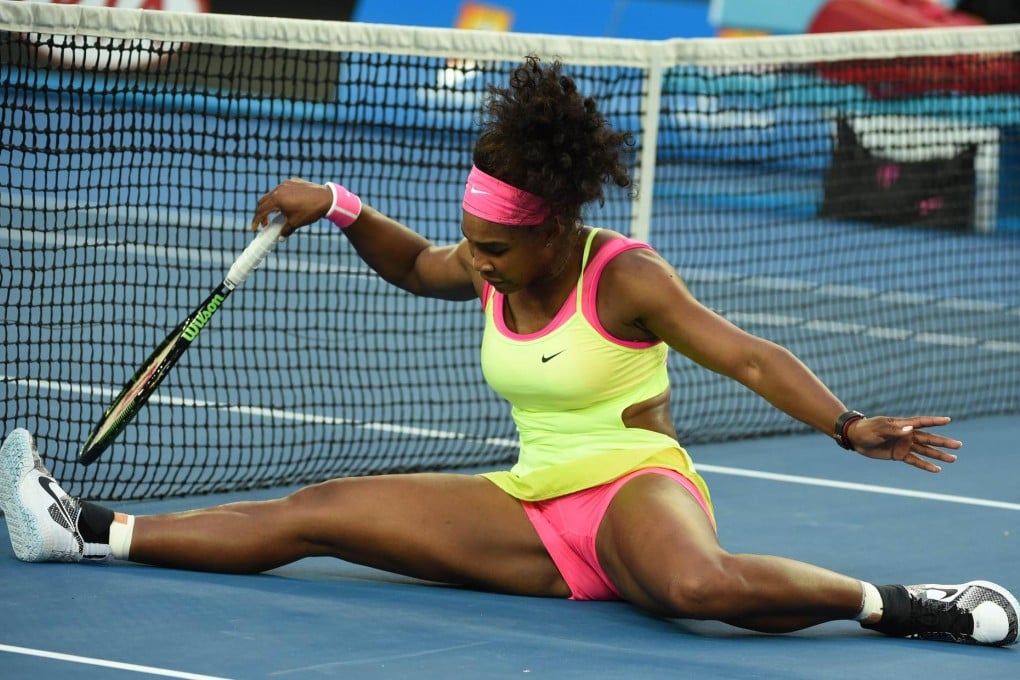 Serena Williams takes a tumble on the way to a convincing straight sets win over Alison Van Uytvanck. She will face Russia's Vera Zvonareva in round two. Photo: AFP