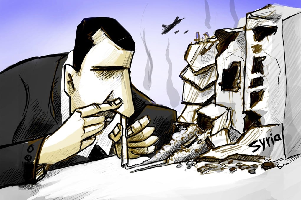 The cover image, by Amjad Wardeh, of a book called Art of Resistance: Collected Cartoons from the Syrian War features Syrian President Bashar al-Assad snorting building dust as if it were cocaine.