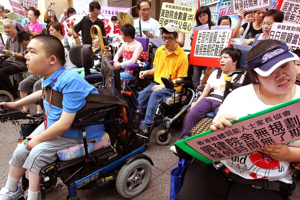 Elders, disabled, and their caregivers protest to demand for more subvented nursing home bedspaces outside Legco in 2010. Photo: Dickson Lee