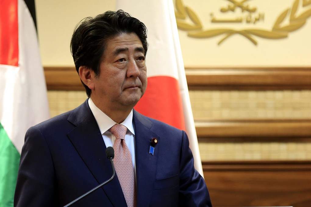 Japan's Prime Minister Shinzo Abe speaks in the West Bank town of Ramallah on Tuesday. Photo: EPA
