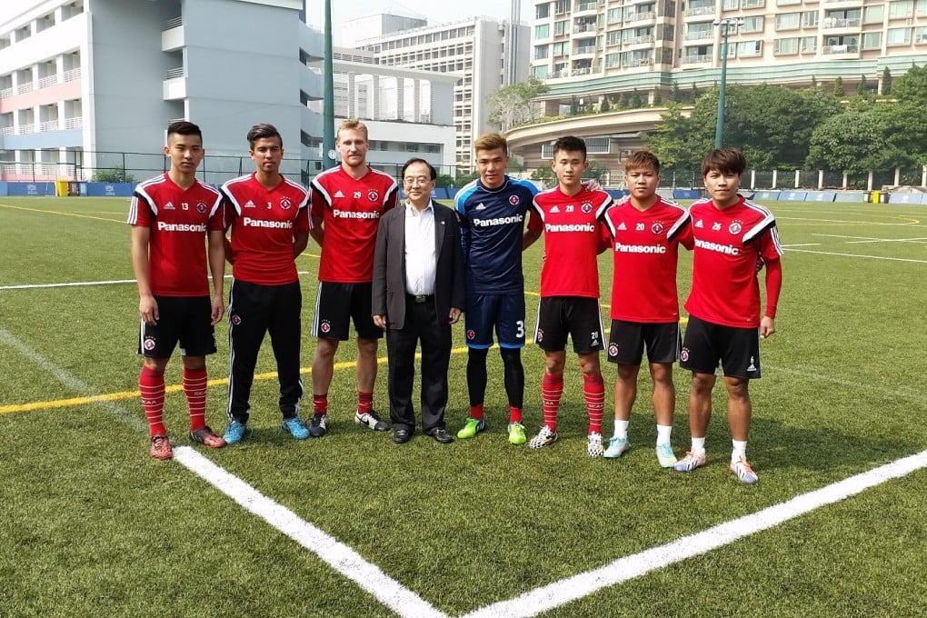 South China boss Wallace Cheung and new signings (from left) Li Ngai-hoi, Michael Campion, Daniel McBreen, Leung Hing-kit, Lam Hok-hei, Lau Cheuk-hin and Law Chun-pong. Photos: Chan Kin-wa