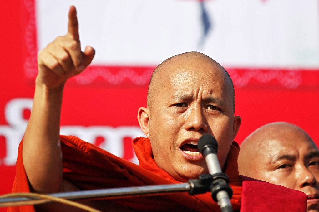 Buddhist monk Wirathu attacks UN calls for Myanmar to give citizenship to Rohingyas during a rally in Yangon last week. Photo: EPA