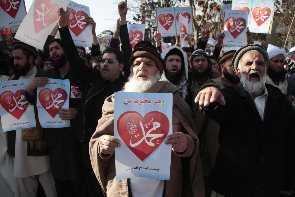 Afghan people protest against caricatures published in French magazine Charlie Hebdo of the Prophet Mohammed. Photo: Xinhua