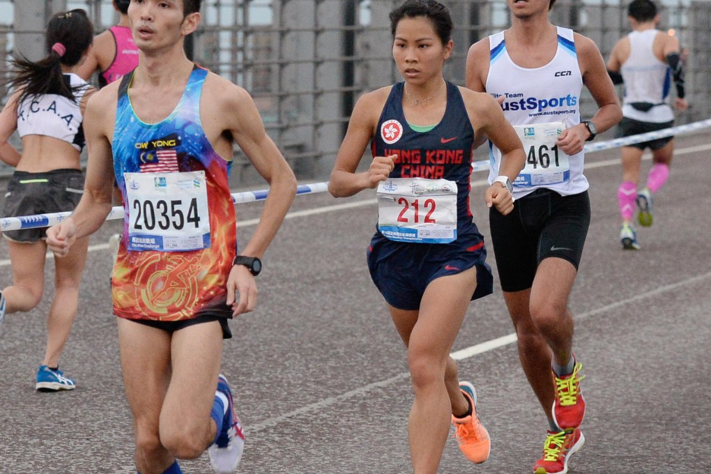 Christy Yiu at the 16km mark on Tsing Ma Bridge, where the marathon debutant started to feel fatigued. Photo: Richard Castka