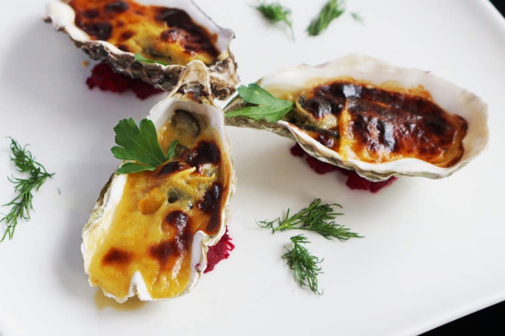 Baked fines de Claire oysters.