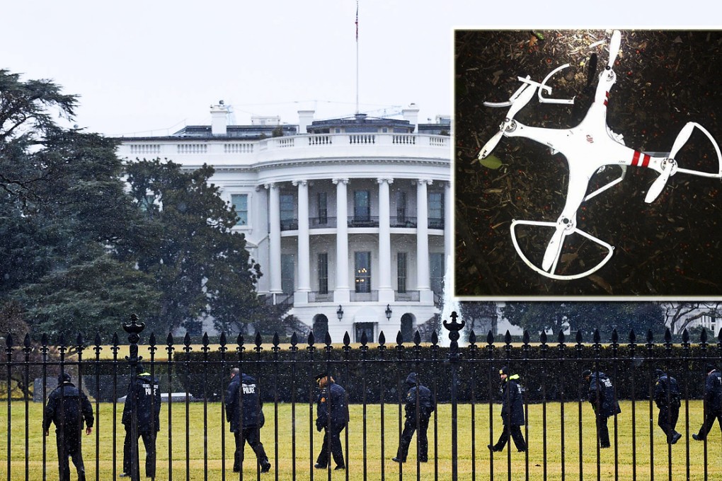 Secret Service officers search the White House grounds after an aerial drone (inset) was found during the middle of the night. Photos: AP