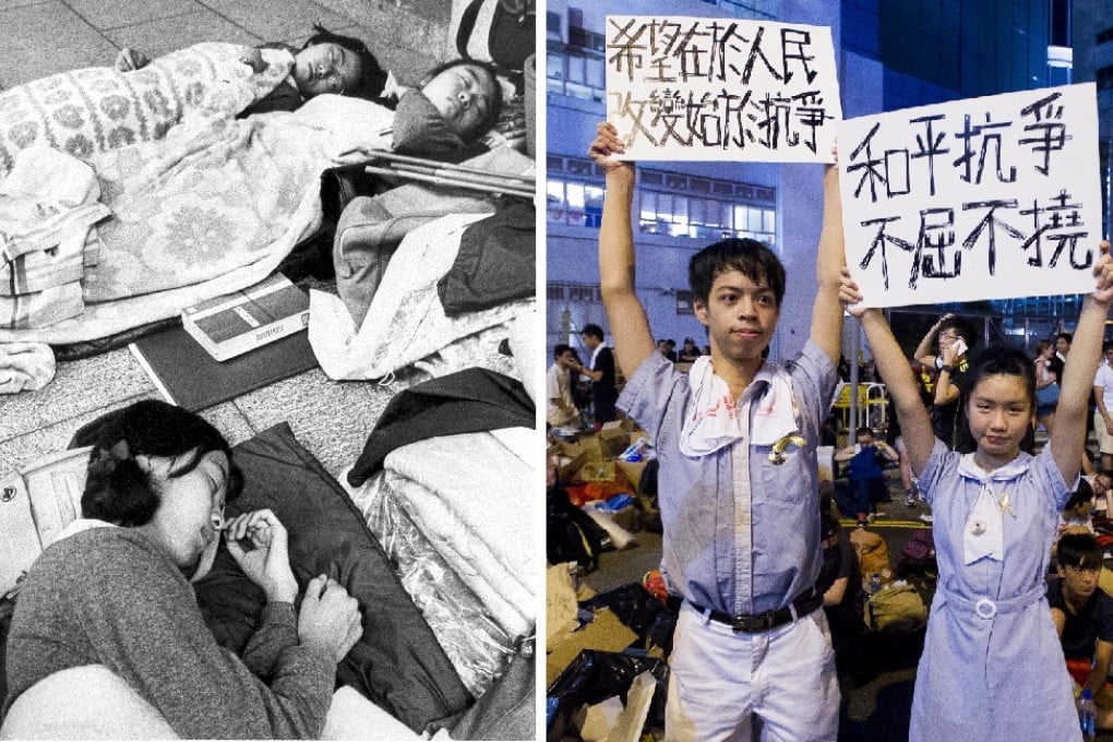 Exhausted student activists rest during the 1978 Golden Jubilee sit-in (left). In 2014, teenagers in school uniforms were again on the streets of Hong Kong during the Umbrella Movement protests. Photos: Yu Chung-yin/SCMP and AFP