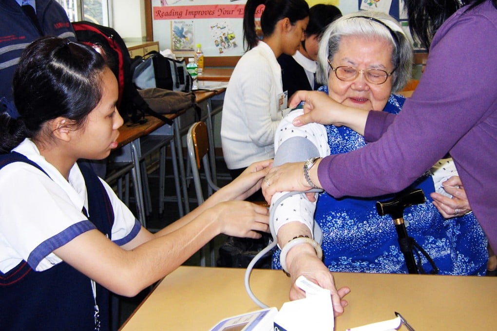 NT Heung Yee Kuk Tai Po District Secondary School students takes part in the Community Health Care Service for the Elderly. Photo: SCMP