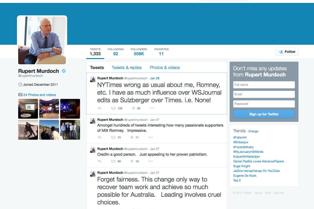 Rupert Murdoch's Twitter account offers his unvarnished thoughts.