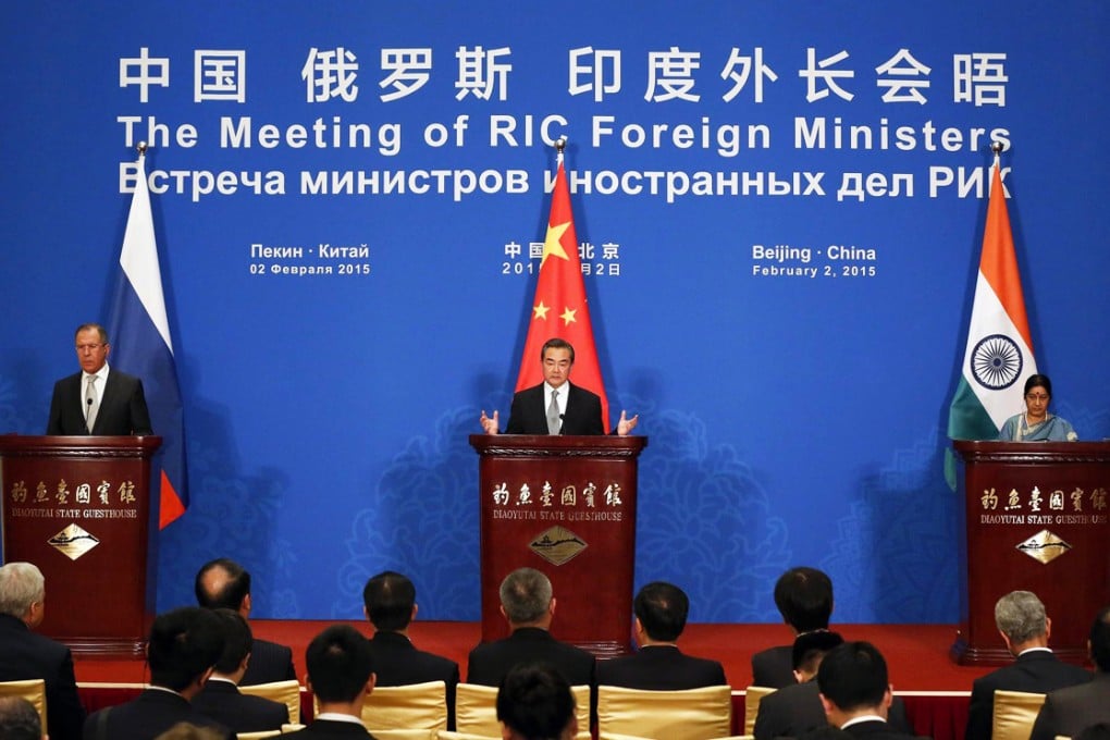 From left, Russian Foreign Minister Sergey Lavrov, Foreign Minister Wang Yi and Indian External Affairs Minister Sushma Swaraj. Photo: EPA