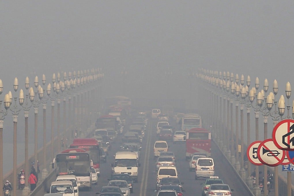 Traffic on the smog-shrouded Nanjing Yangtze River Bridge in Jiangsu province's capital, Nanjing, where 114 out of every 100,000 people died prematurely because of the health impact of pollution in 2013. Photo: CNS