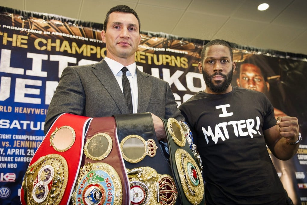 World Heavyweight Champion, Ukrainian Wladimir Klitschko (L), and US challenger Bryant Jennings pose before their upcoming fight at Madison Square Garden on 25 April. Photo: EPA