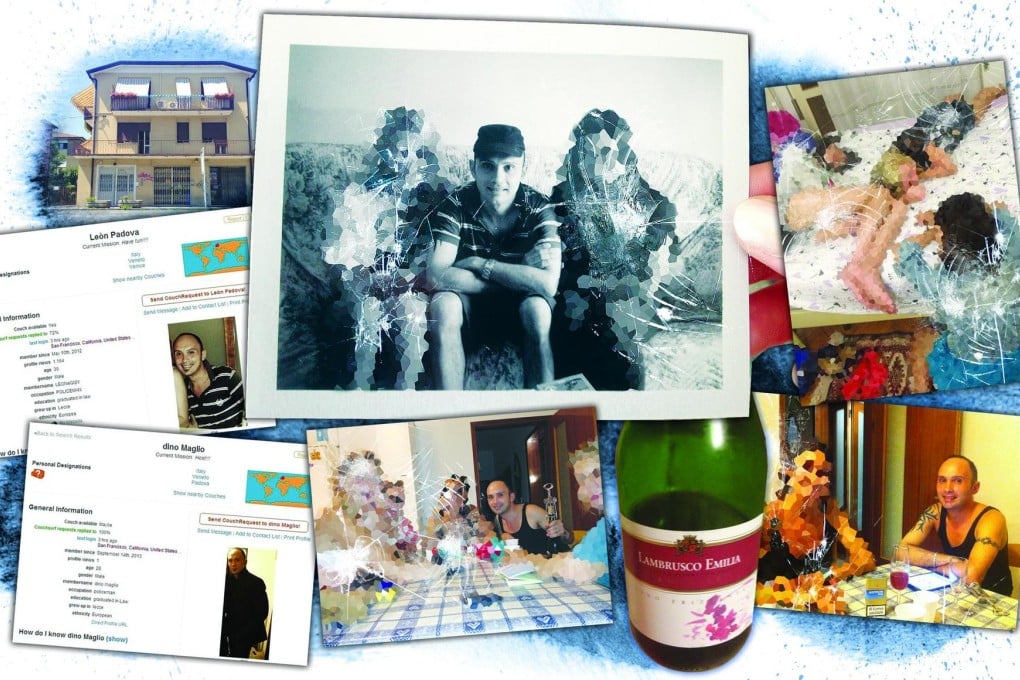 Clockwise from top left: The apartment where Dino Maglio is accused of drugging and raping women he hosted; Maglio with two women he allegedly sexually assaulted in 2013; two Hong Kong women and a German woman in Maglio's apartment after they were allegedly drugged; Maglio with an alleged victim; the wine that was allegedly laced with drugs; Maglio with three alleged victims from Portugal and a woman identified as his mother; his Couchsurfing profiles in 2012 and 2013.