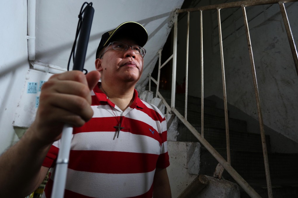 Ricky Yan, 50, has only 30-40 per cent of his eyesight left and struggles to relearn skills necessary to survive. Photo: Nora Tam