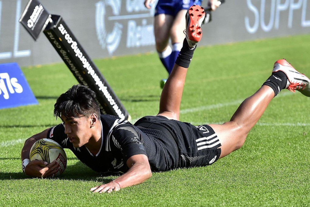 New Zealand teenager Rieko Ioane touches down for one of six tries he scored in Wellington as the All Blacks Sevens beat England 27-21 to take their first tournament title of the season. Photo: AFP