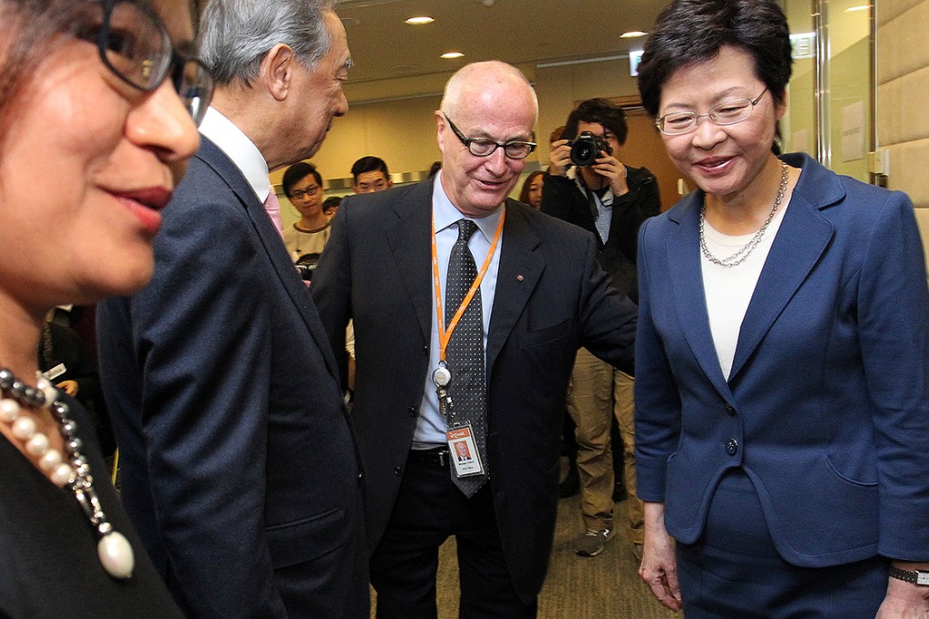Ronald Arculli, Michael Lynch, Chief Executive of West Kowloon Cultural District Authority, Carrie Lam Cheng Yuet-ngor, Chief Secretary for Administration, meet the press in West Kowloon. Photo: May Tse