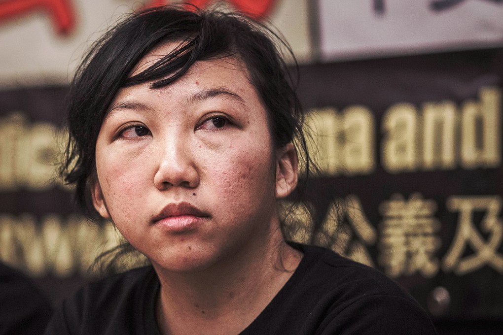 Former Indonesian domestic worker Erwiana Sulistyaningsih attends a press conference after her former employer Law Wan-tung was convicted of a raft of assault charges at District Court. Photo: AFP