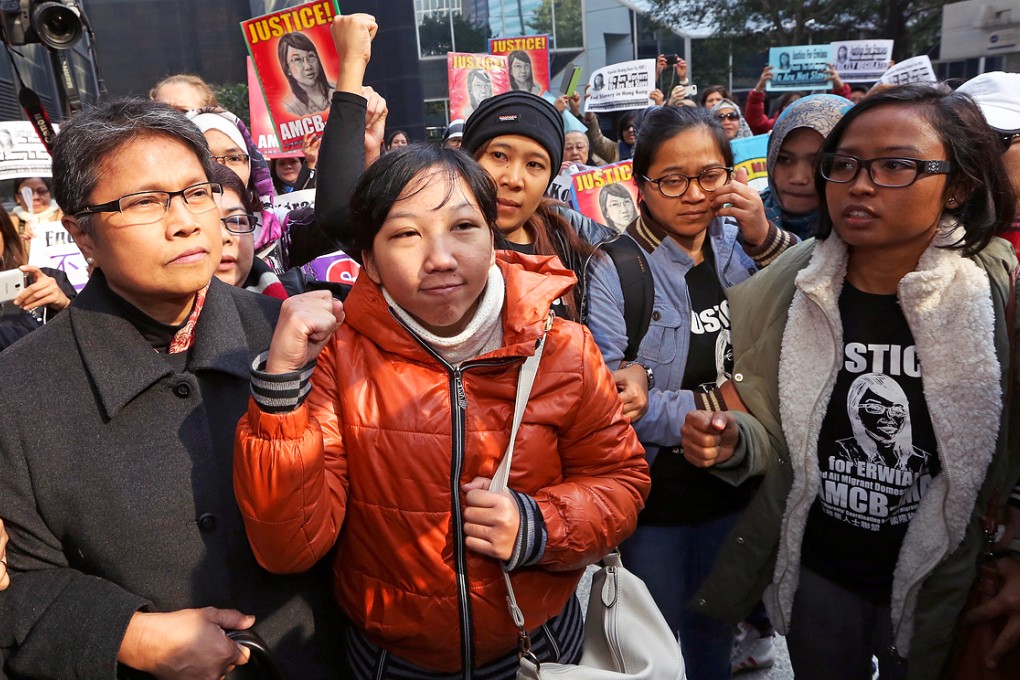 Erwiana and her supporters celebrate outside court. Photo: Sam Tsang