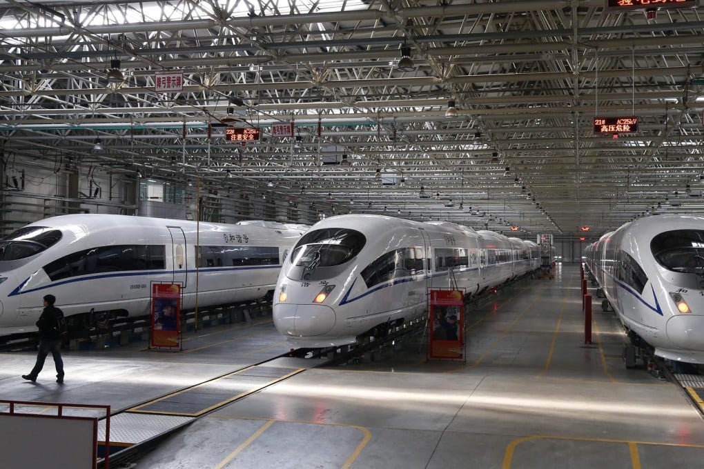 High-speed trains at a commissioning and testing facility in Tangshan. Chinese scientists hope to develop the first wireless power system for such trains, to cut down on frequent repairs. Photo: EPA