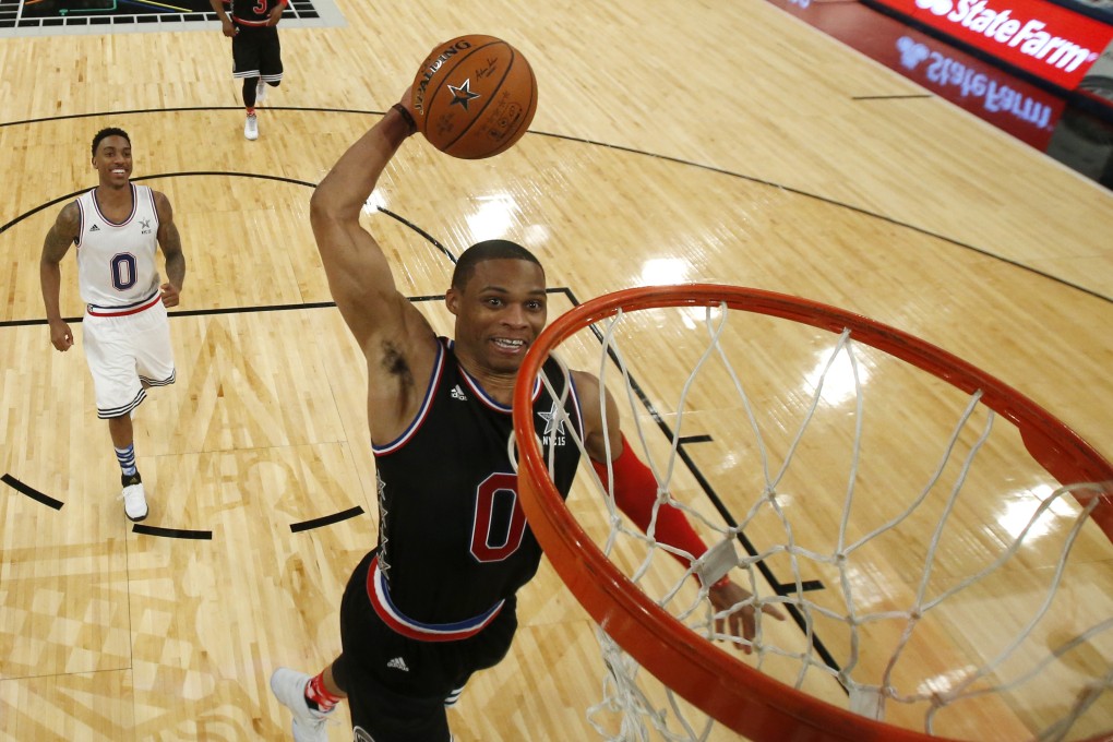 The Western Conference's Russell Westbrook on his way to a tally of 41 points. Photo: AP