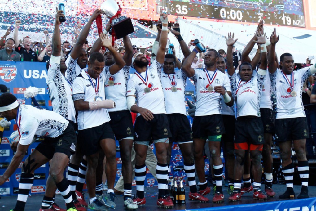Cup winners Fiji celebrate their emphatic 35-19 victory over New Zealand. Photo: World Rugby/Martin Seras Lima
