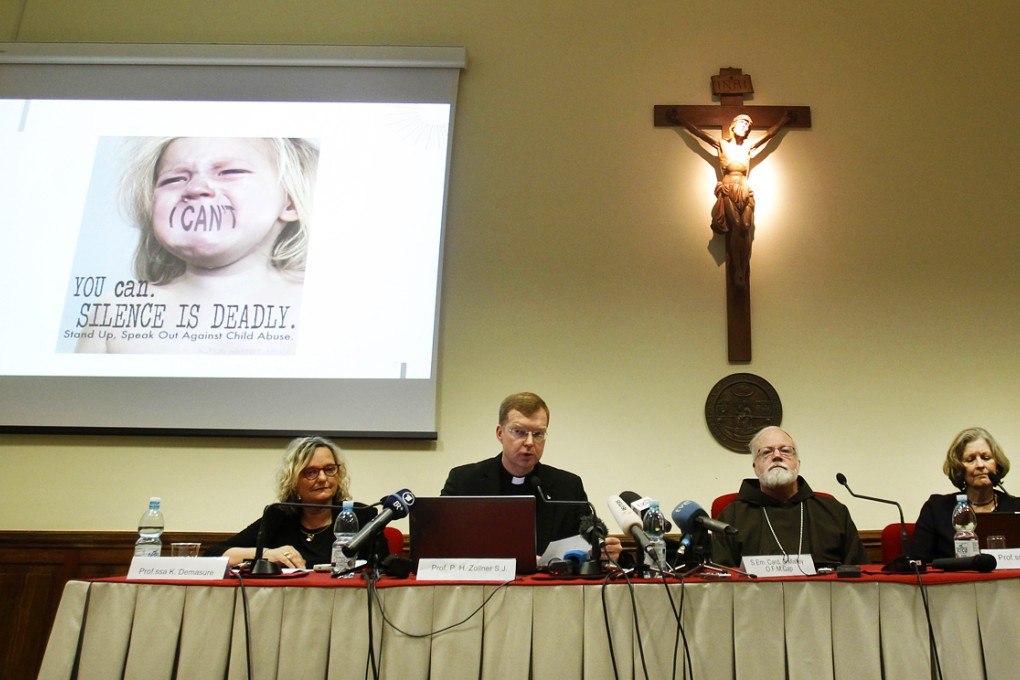 (From left) Karlijn Demasure, Executive Director of Centre for Child Protection, Father Hans Zollner, President of Centre for Child Protection, Cardinal Sean Patrick O'Malley and professor Sheila Baronessa Hollins attend a press conference at the Pontifical Gregorian University in Rome on February 16, 2015. Photo: AP