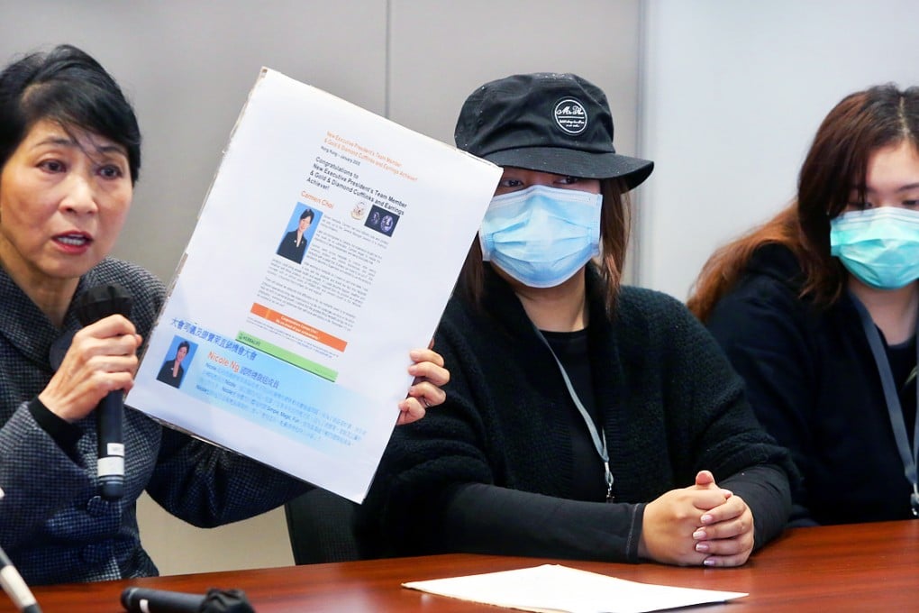 Claudia Mo (left) and two of the 60 alleged victims of the scam. Photo: Sam Tsang