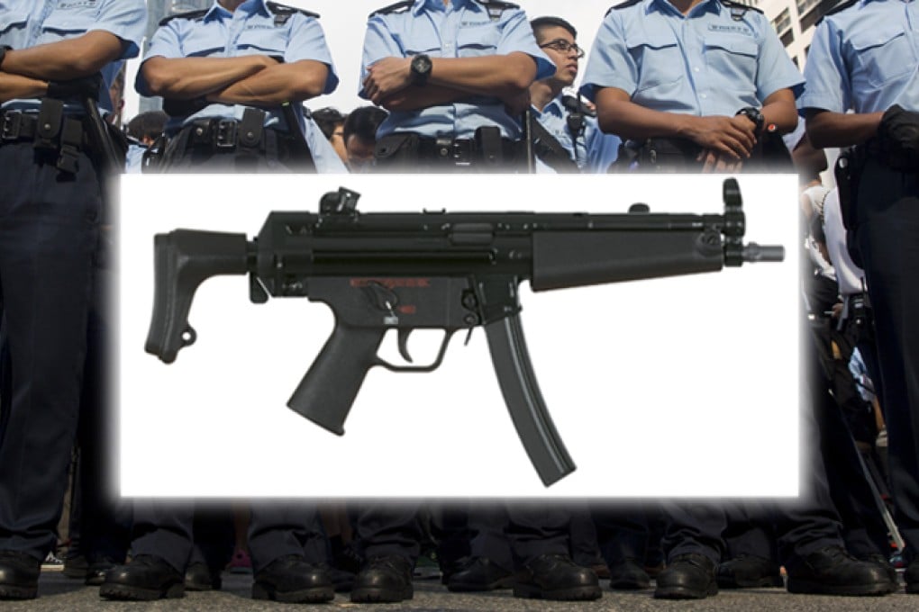 A police MP5 submachine gun (the same make as in the inset photo) accidentally discharged a live round inside the police regional headquarters in Tsuen Wan. Photos: Bloomberg, Heckler & Koch