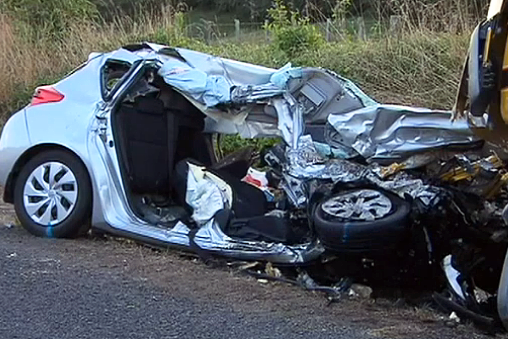 The wreckage of the family's car, seen in footage from TV New Zealand. Police said the daughter was at the wheel. . Photo: TVNZ