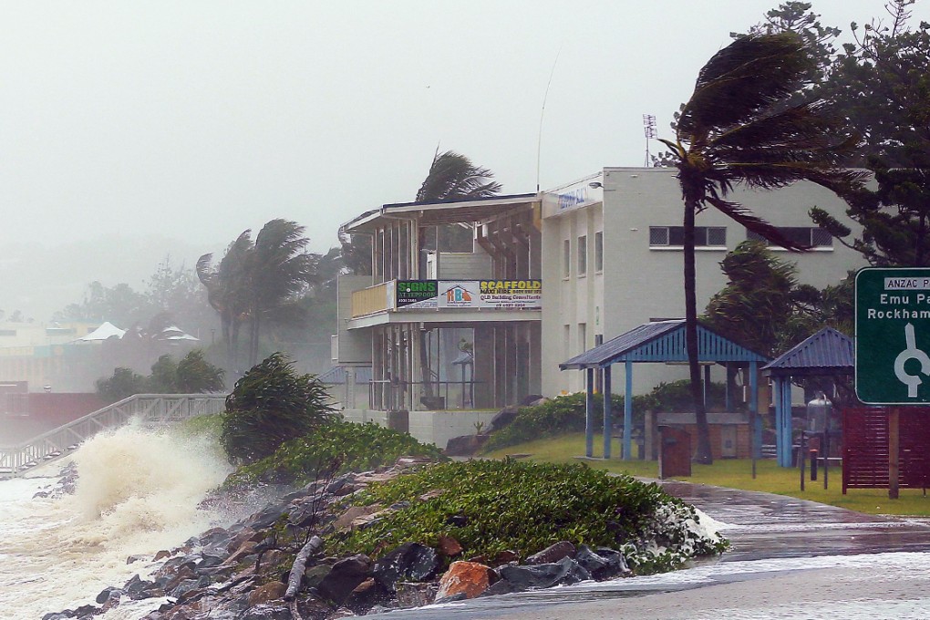 Strong winds and waves hit the coastal town of Yeppoon in north Queensland after Tropical Cyclone Marcia made landfall. Photo: AFP