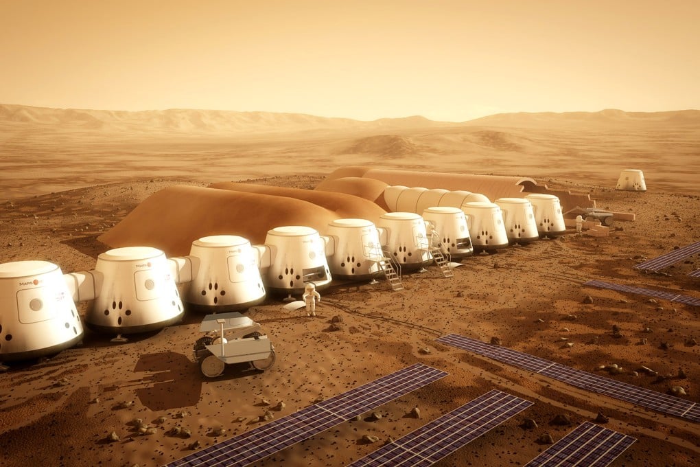 Mars One's vision for "landers", lined up in a settlement and equipped with solar panels, to house humans on Mars, in this artist's impression. Photo: Bryan Versteeg/ Mars One