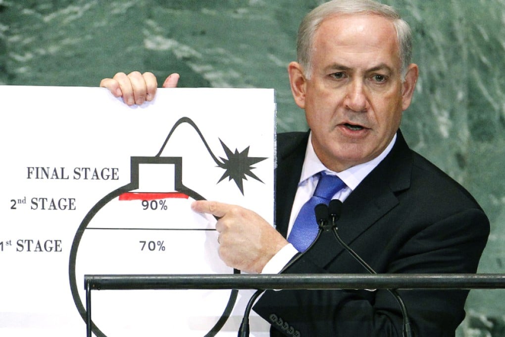 Israeli Prime Minister Benjamin Netanyahu in September 2012, illustrating to the UN his contention Iran was a year away from a nuclear weapon. Photo: Reuters