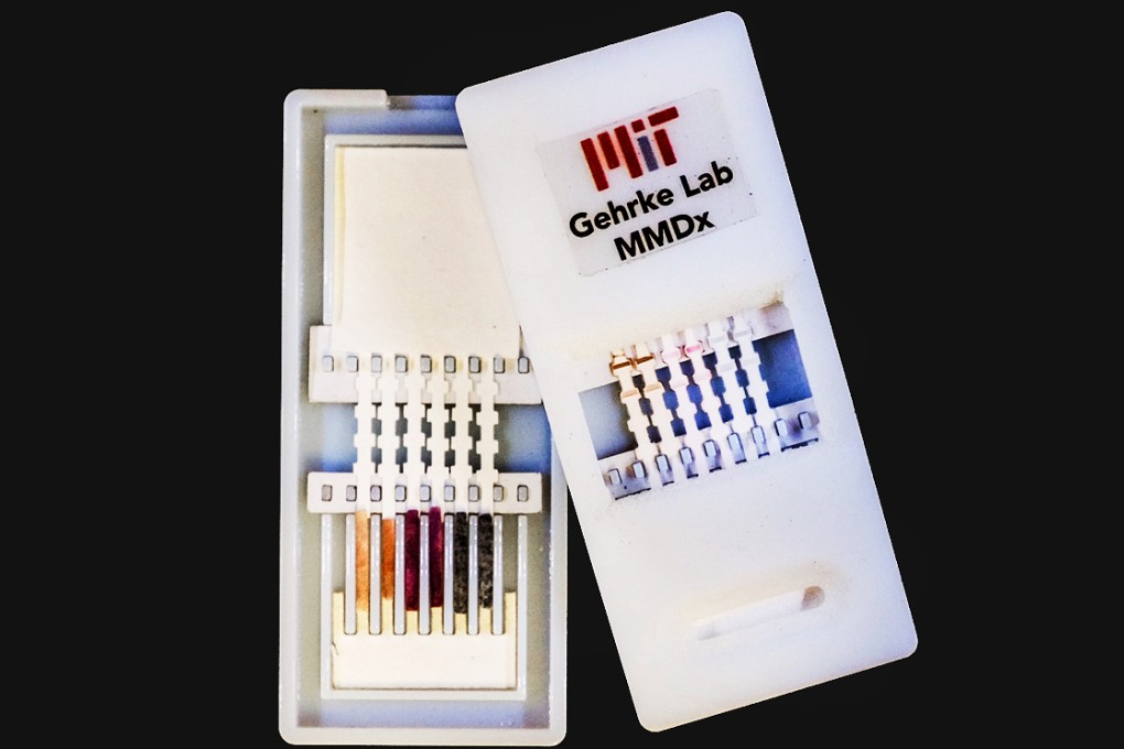 A new paper diagnostic device can detect Ebola as well as other viral hemorrhagic fevers in about 10 minutes. On the left is the unused device, opened to reveal the contents inside. On the right, the device has been used for diagnosis; the coloured bands show positive tests. Photo courtesy of Jose Gomez-Marquez, Helena de Puig, and Chun-Wan Yen.