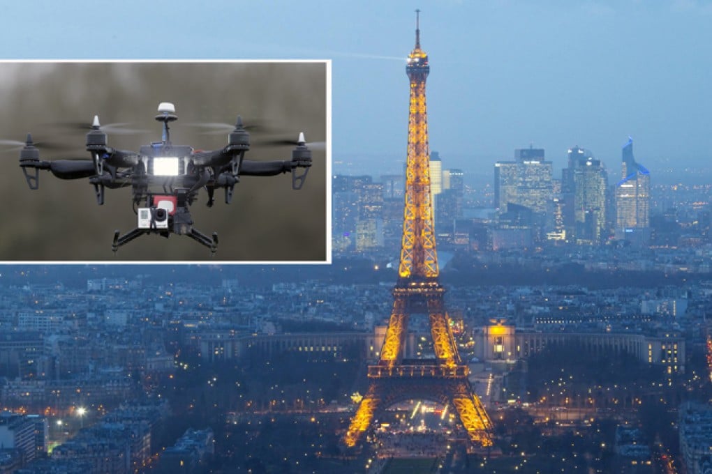 A French-made drone (inset), similar to the ones spotted flying over Paris landmarks such as the Eiffel Tower (above). Photos: AP, Reuters
