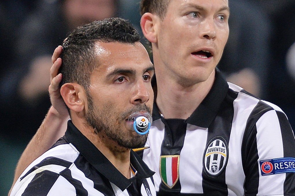 Juventus' Carlos Tevez chooses to celebrate his goal with a dummy in his mouth. Photo: EPA